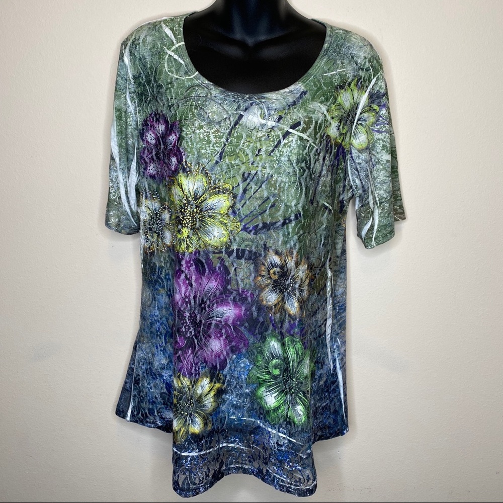 Evidence Floral Cotton Blend Tee w Lace Front